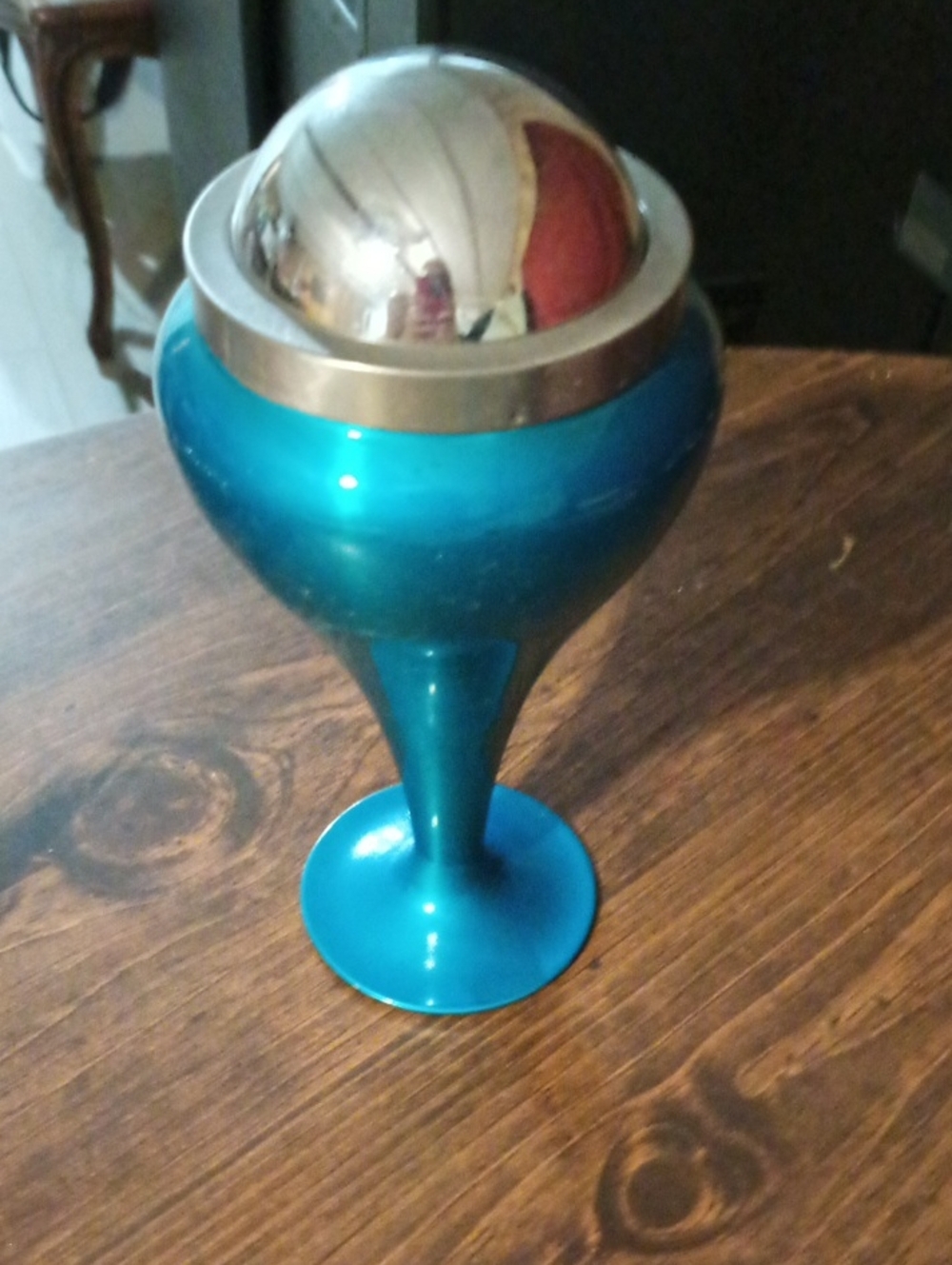 Blue Metallic Decorative Pedestal Bowl with Silver Orb